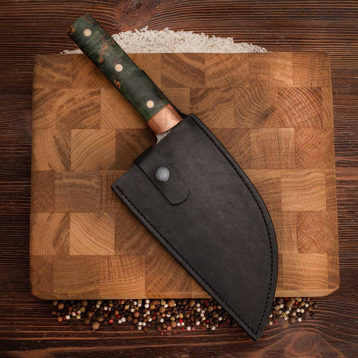 Сербский нож ЦМ (стабилизированная карельская береза зеленая, медь, фибра, мозаичные пины) - Компания «АиР»