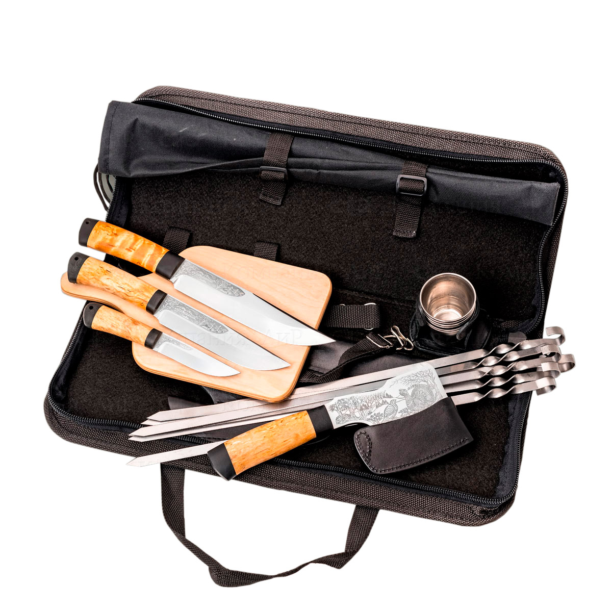 Набор Шашлычный-1 (карельская береза, гравировка глухари) - Компания «АиР»