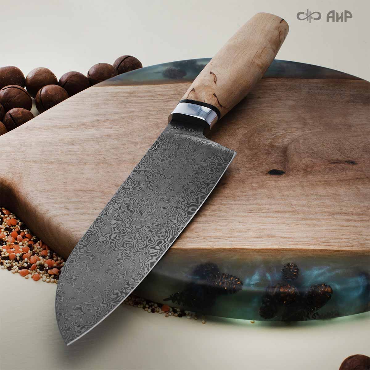Сантоку (карельская береза) дамасская сталь ZDI-1016, узор дикий - Компания «АиР»