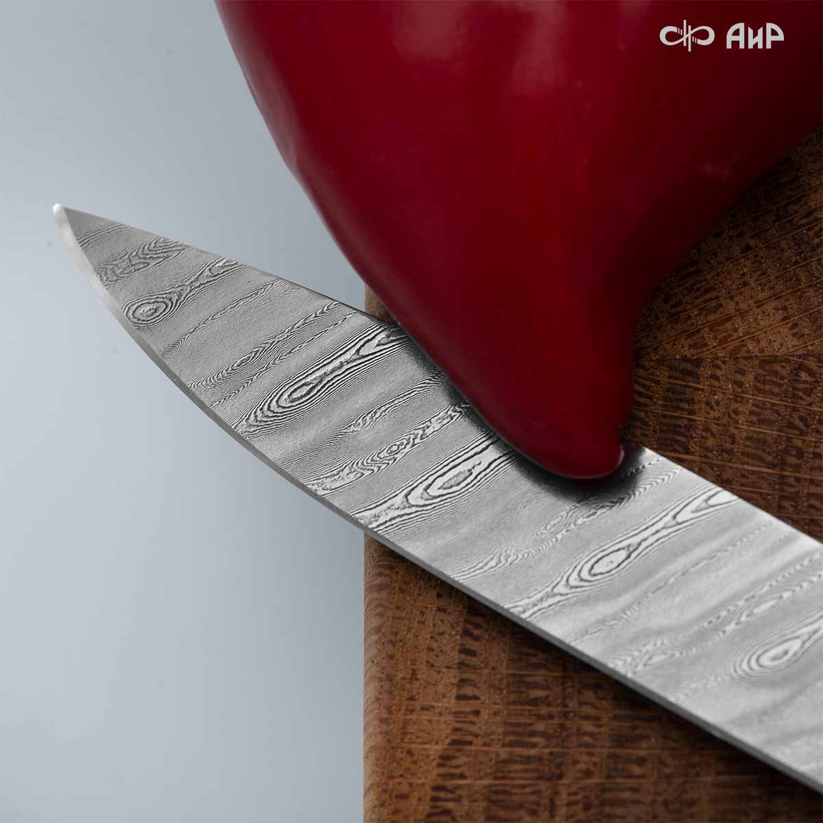 Набор Стейковый (нож и вилка, стабилизированный ореховый кап, мокуме гане, медная втулка, кастомная заточка) дамасская сталь ZD-0803, узор твист - Компания «АиР»