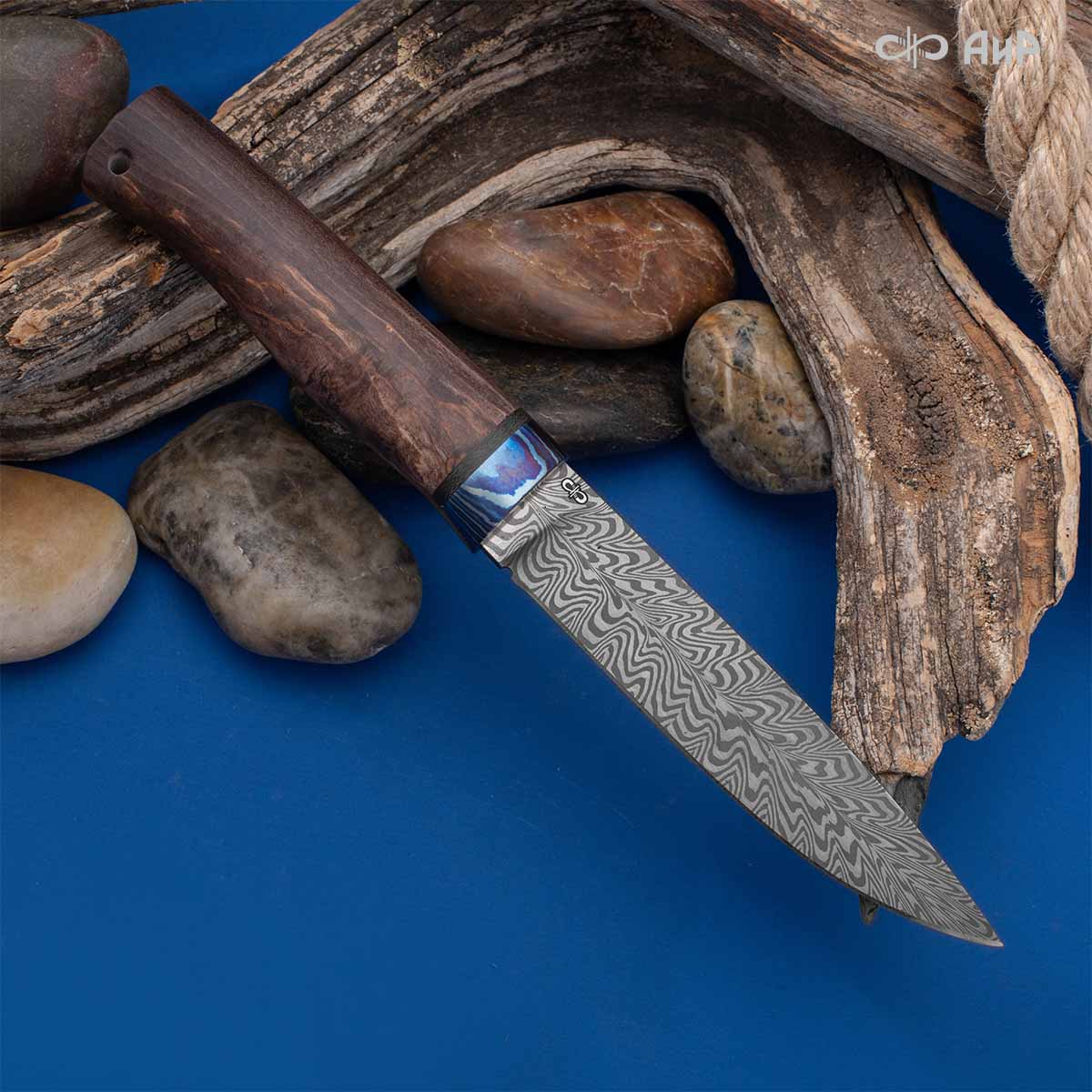 Пескарь (стабилизированная карельская береза коричневая, ЗлаТи (ZlaTi), клиновая срезка, кастомная заточка) дамасская сталь ZDI-1016, узор перо - Компания «АиР»