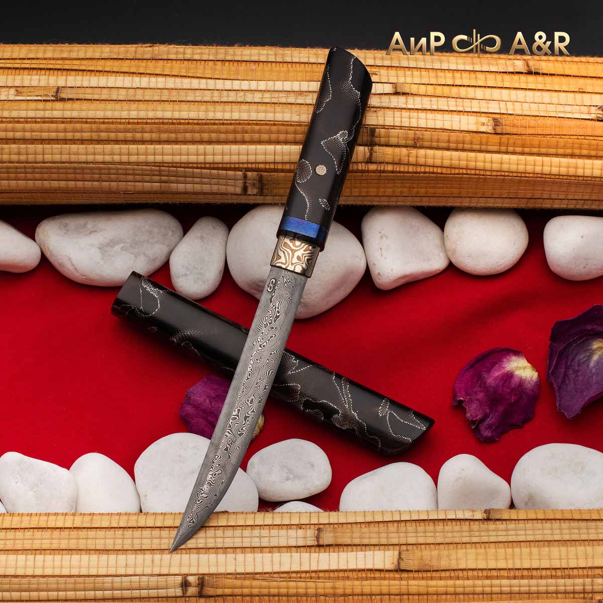 Нож Айкути, дамасская сталь ZDI-1016, композит с алюминиевой микросеткой волны, коричневый, мокуме гане, ZlaTi - Компания «АиР»