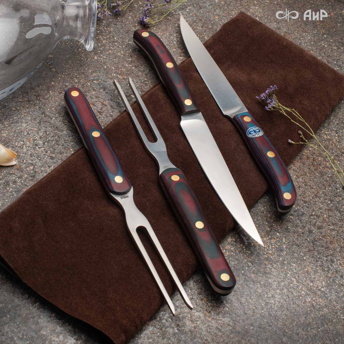 Набор Стейковый ЦМ (нож и вилка, микарта красно-синяя) - Компания «АиР»
