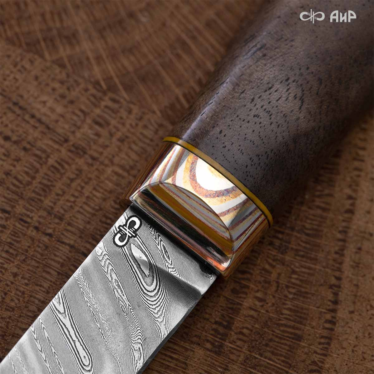 Набор Стейковый (нож и вилка, стабилизированный ореховый кап, мокуме гане, медная втулка, кастомная заточка) дамасская сталь ZD-0803, узор твист - Компания «АиР»