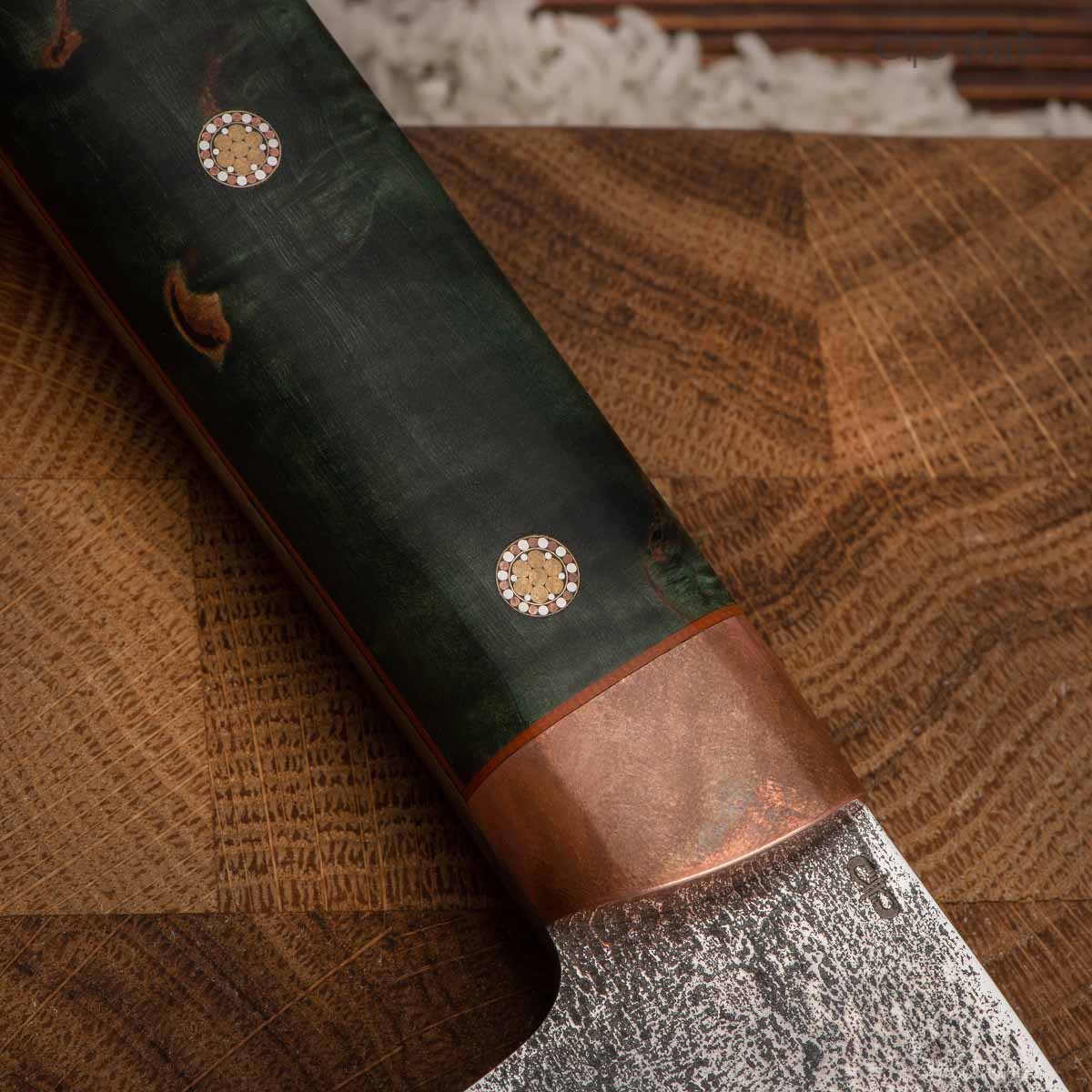 Сербский нож ЦМ (стабилизированная карельская береза зеленая, медь, фибра, мозаичные пины) - Компания «АиР»