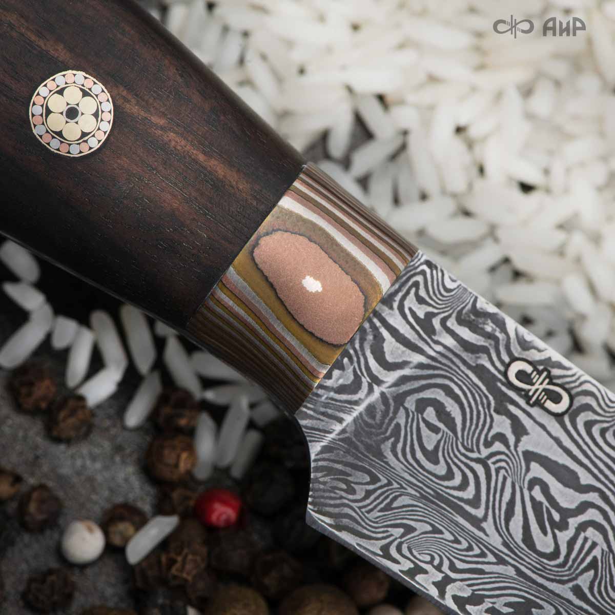 Овощной ЦМ (макасар, мокуме, мозаичные пины) дамасская сталь ZDI-1016, узор турецкий - Компания «АиР»