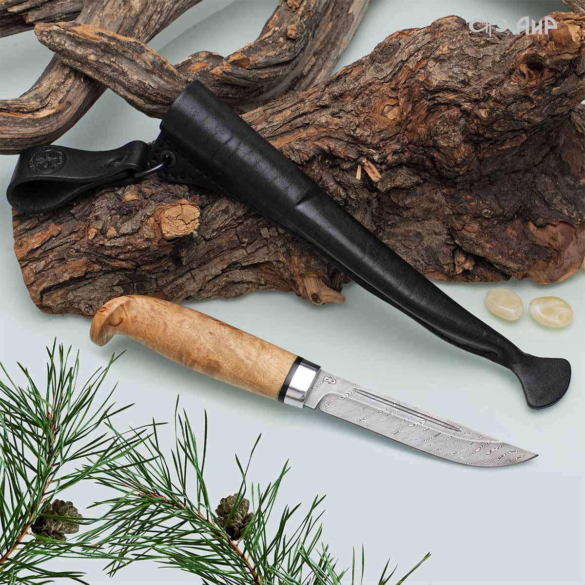 Финка Лаппи (карельская береза) дамасская сталь ZDI-1016, узор твист - Компания «АиР»