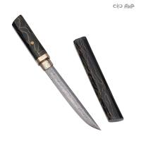 Нож Айкути, дамасская сталь ZDI-1016, композит с латунью, фути и хабаки мокуме гане