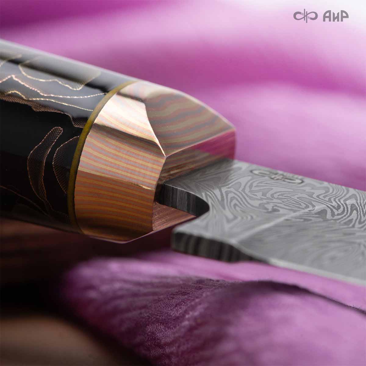 Пчак (композит с бронзовой и латунной микросеткой волны, мокуме гане, кастомная заточка) дамасская сталь ZDI-1016, узор взрыв - Компания «АиР»