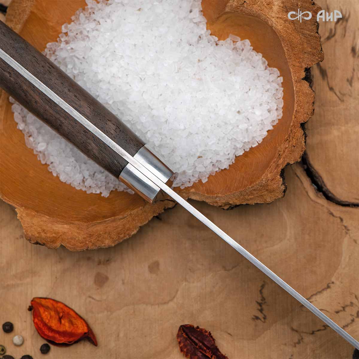 Сантоку ЦМ (стабилизированный ореховый кап, мозаичные пины) дамасская сталь ZDI-1016 - Компания «АиР»