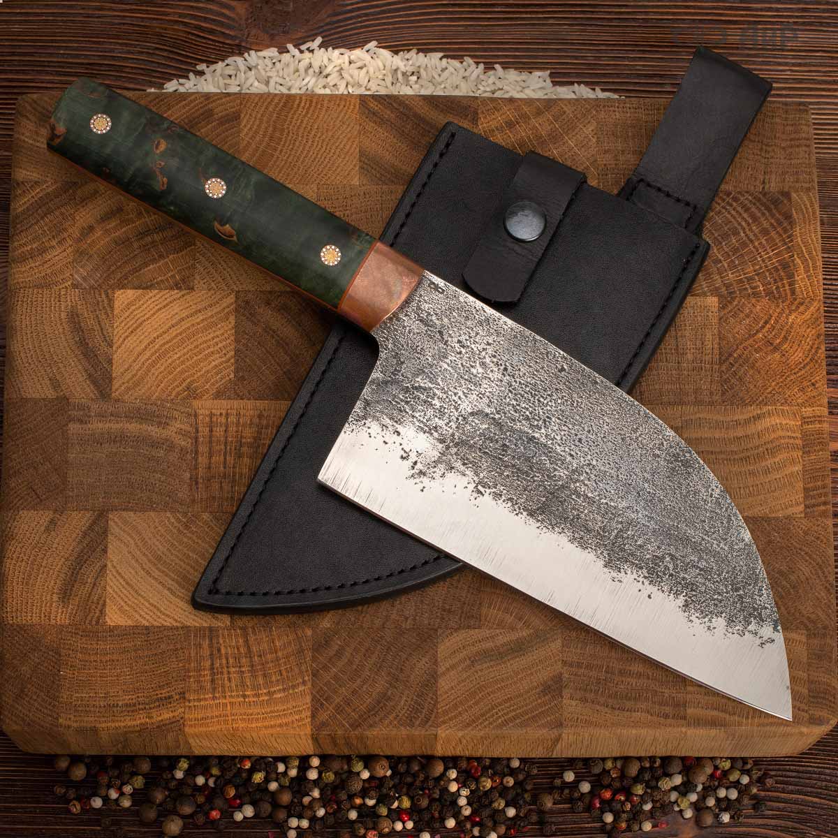 Сербский нож ЦМ (стабилизированная карельская береза зеленая, медь, фибра, мозаичные пины) - Компания «АиР»