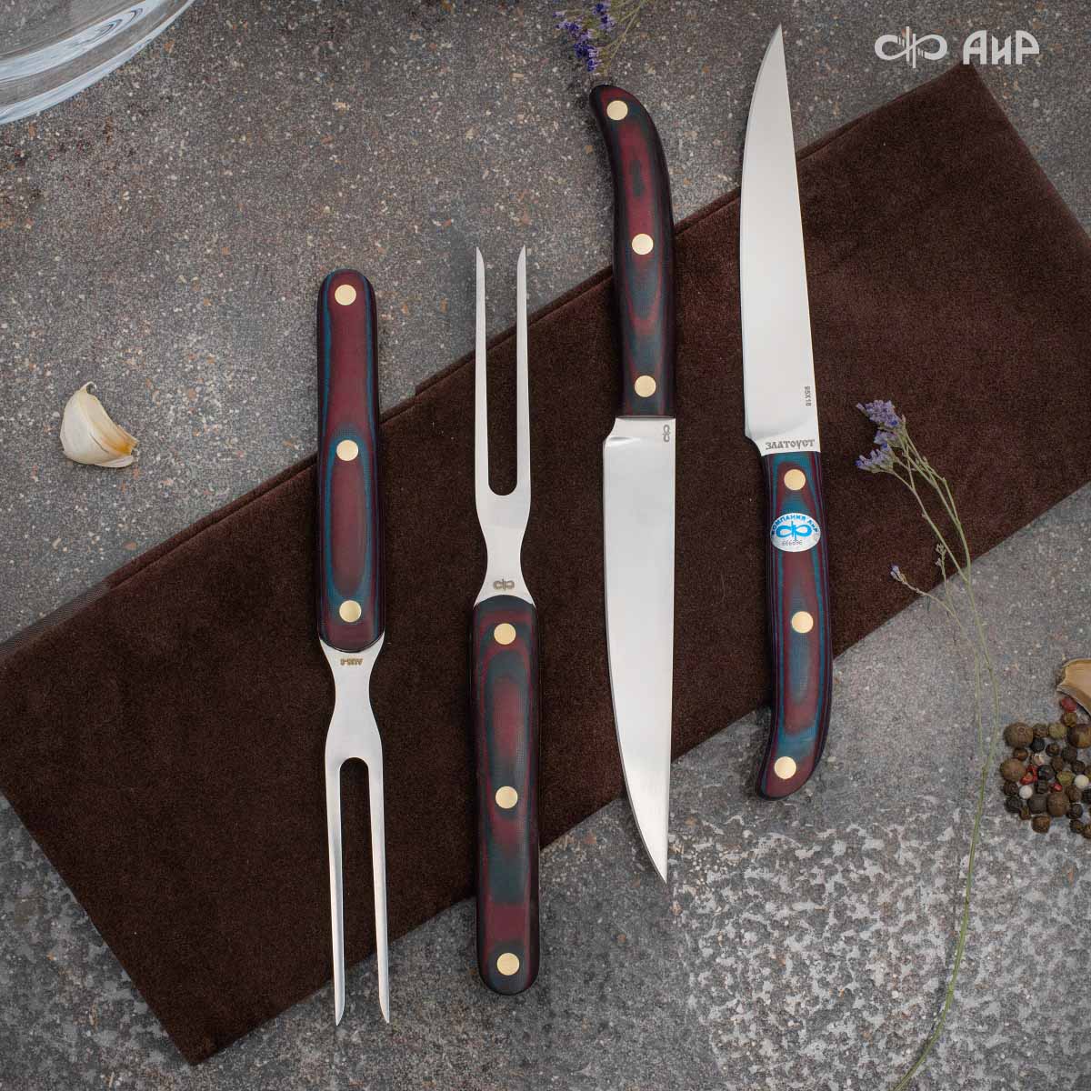 Набор Стейковый ЦМ (нож и вилка, микарта красно-синяя) - Компания «АиР»
