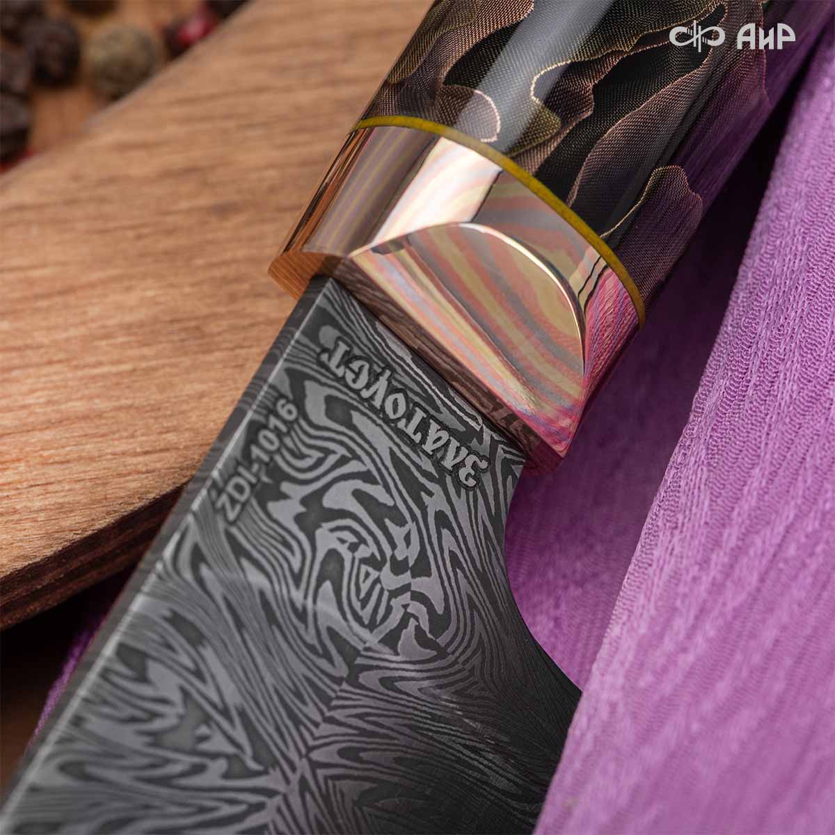 Пчак (композит с бронзовой и латунной микросеткой волны, мокуме гане, кастомная заточка) дамасская сталь ZDI-1016, узор взрыв - Компания «АиР»