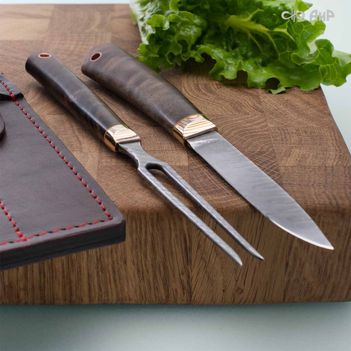 Набор Стейковый (нож и вилка, стабилизированный ореховый кап, мокуме гане, медная втулка, кастомная заточка) дамасская сталь ZD-0803, узор твист - Компания «АиР»