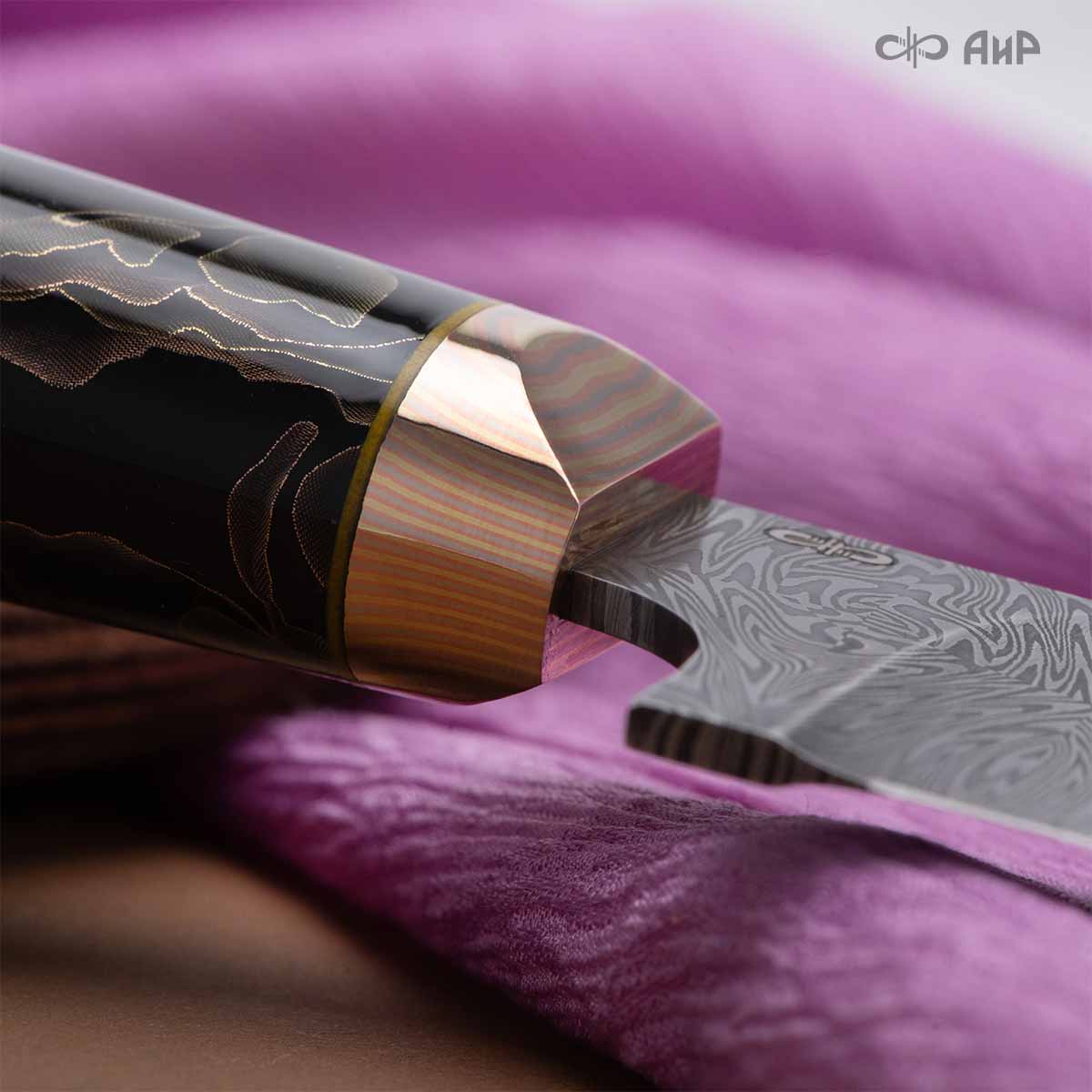 Пчак (композит с бронзовой и латунной микросеткой волны, мокуме гане, кастомная заточка) дамасская сталь ZDI-1016, узор взрыв - Компания «АиР»