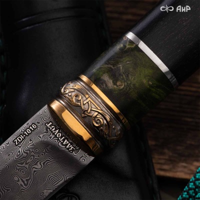 Нож Финка-5, стабилизированный граб, стабилизированный кап клена зеленый, авторские ножны, Артикул: 38903 - Компания «АиР»