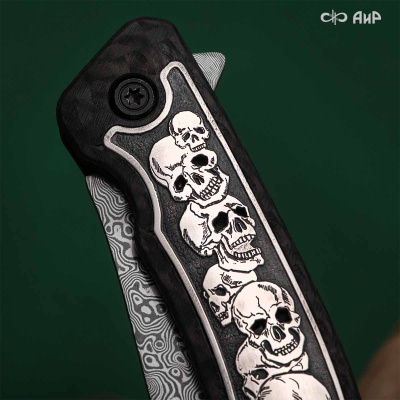 Хантер (карбон черный, вставка в рукоять черепа, серебро, кастомная заточка) дамасская сталь ZDI-1016 - Компания «АиР»