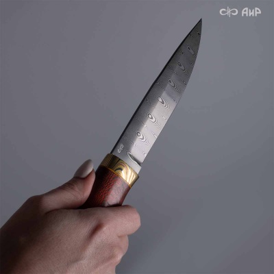 Пескарь (стабилизированный платан красный, мокуме гане) дамасская сталь ZD-0803, узор ступени  - Компания «АиР»