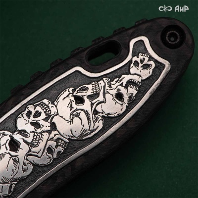 Хантер (карбон черный, вставка в рукоять черепа, серебро, кастомная заточка) дамасская сталь ZDI-1016 - Компания «АиР»