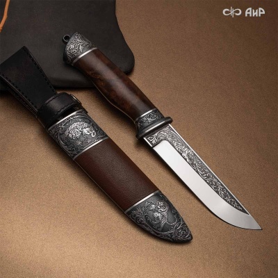  Нож Бекас с сюжетом Свирепый тигр, комбинированные ножны, Артикул: 38936 - Компания «АиР»