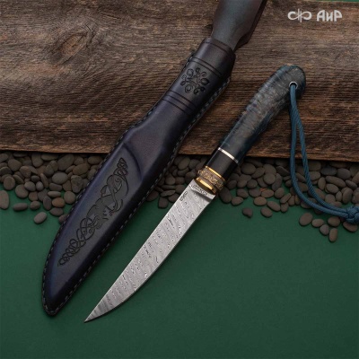 Нож Финка-5, стабилизированная карельская береза лазурная, стабилизированный граб, авторские ножны, Артикул: 38902 - Компания «АиР»