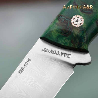 Стриж (стабилизированный кап тополя зеленый, фибра, мозаичные пины) дамасская сталь ZDI-1016, узор ступени - Компания «АиР»