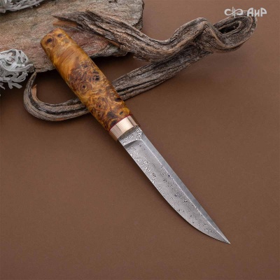 Финка Сканди Мини (стабилизированный кап тополя желтый, мокуме гане) дамасская сталь ZDI-1016 - Компания «АиР»