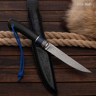 Нож Финка-5, стабилизированный граб, стабилизированный кап клена синий, авторские ножны, Артикул: 38920 - Компания «АиР»