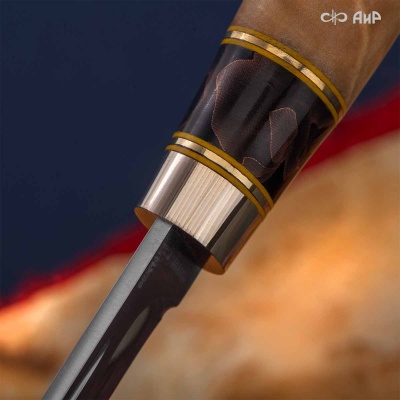 Финка Лаппи (наборная: стабилизированный кап тополя натуральный, композит с бронзой черный, мокуме гане, фибра желтая, латунь) - Компания «АиР»